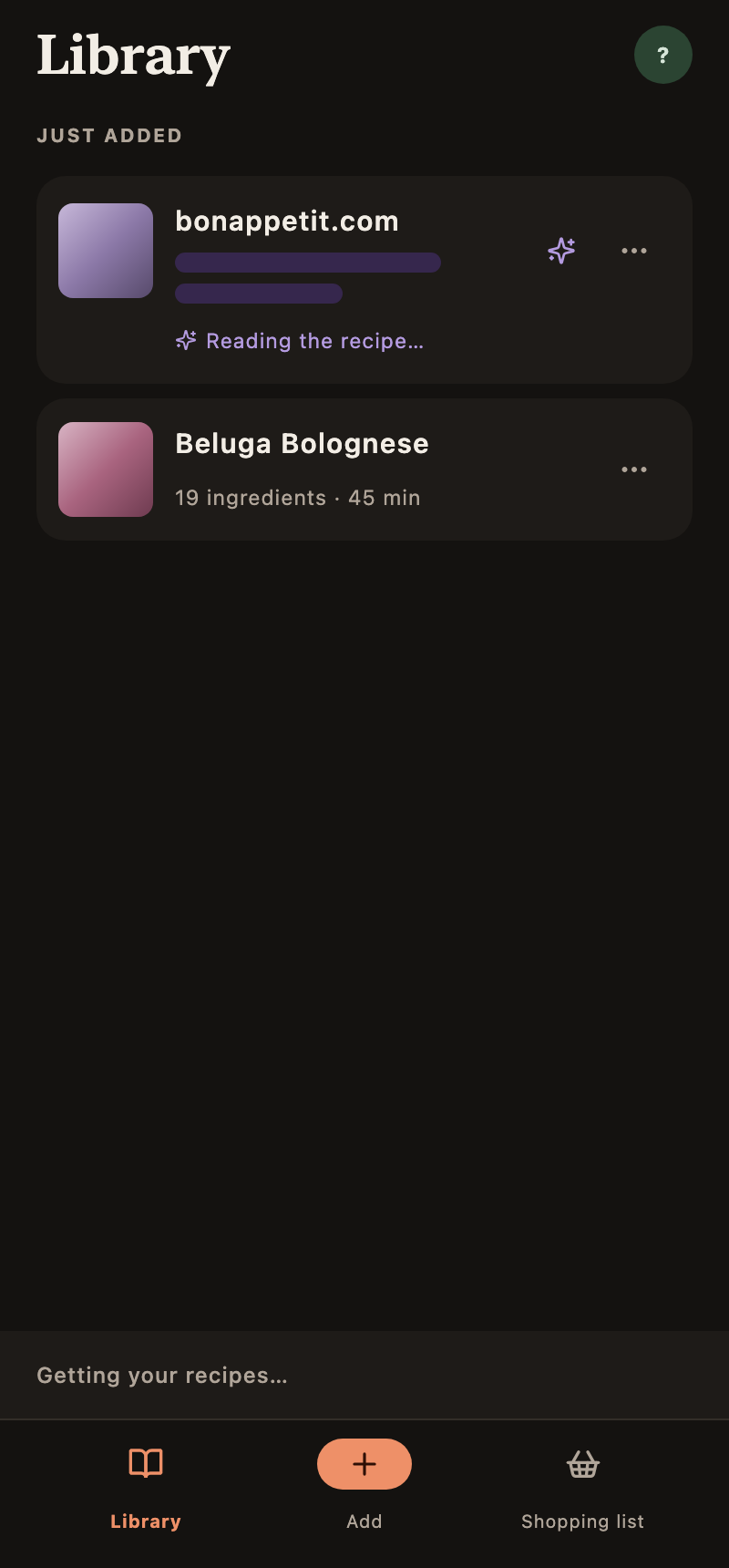 Made for a dark kitchen. The whole app in dark, held to AAA where you read it.