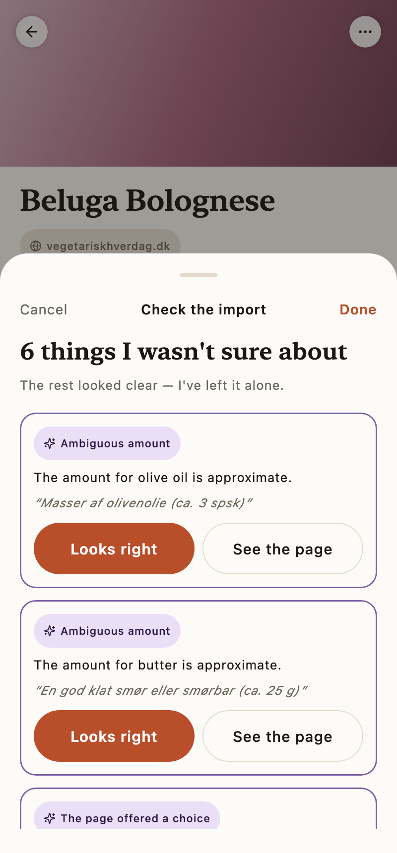 It tells you what it wasn’t sure about. Every guess is marked, and quoted from the page.